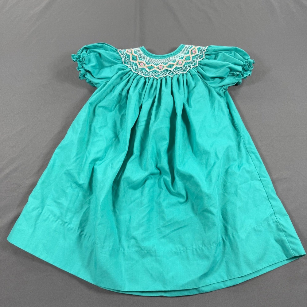 Princess Lib by Rosalina Teal Green Hand Smocked Bishop Dress 24M Vintage Style
